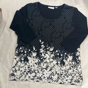Susan Graver Black and White Embroidered Floral Dot Knit Top